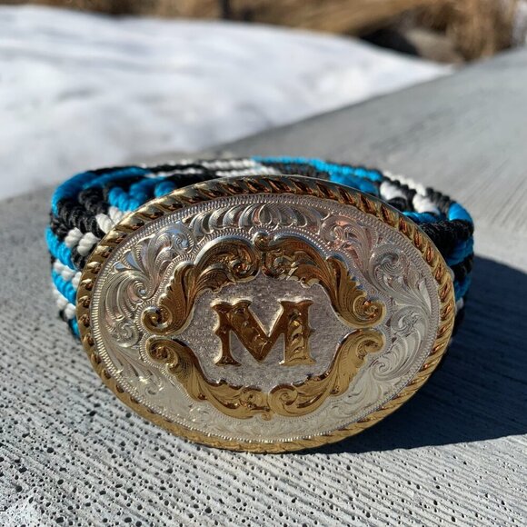 Vintage Montana Silversmiths Silver Engraved Gold Initial Buckle Braided Belt - Picture 4 of 13